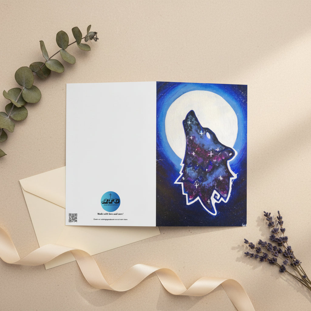 Galaxy Wolf 4x6 greeting card featuring a howling galaxy painted wolf with a full moon in the background – AllThingsGoode