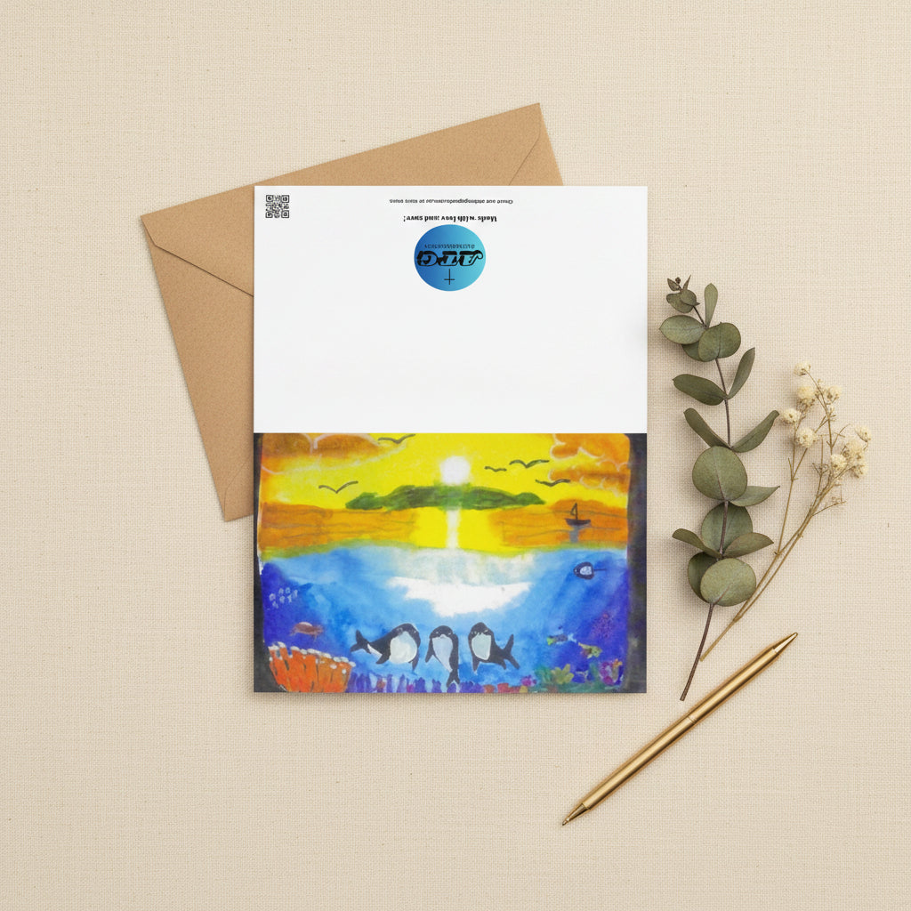 Dolfriends 4x6 greeting card featuring three dolphin friends in a colourful ocean with a sunset in the distance – AllThingsGoode