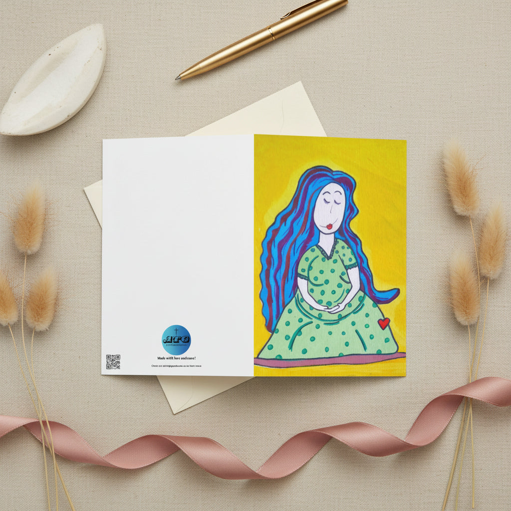 Mother 4x6 greeting card featuring a pregnant mother with blue hair and a yellow background – AllThingsGoode