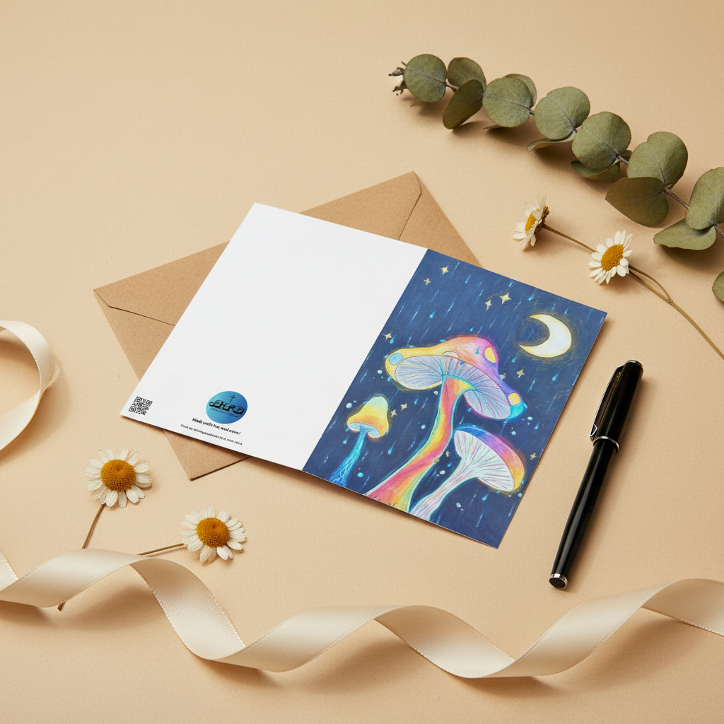 Glowing Mushrooms 4x6 greeting card featuring 3 glowing mushrooms with a rainy midnight background and moon – AllThingsGoode