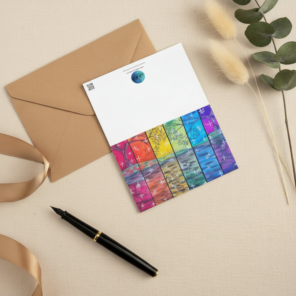 Rainbow Reflections 4x6 greeting card featuring the colours of the rainbow with trees and stars – AllThingsGoode