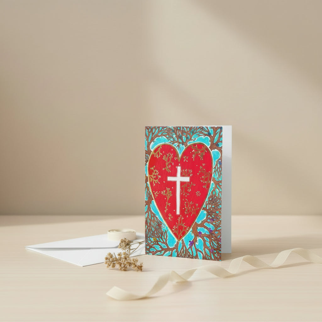 Rooted In Love 5x7 Christian greeting card with red heart and cross design – AllThingsGoode