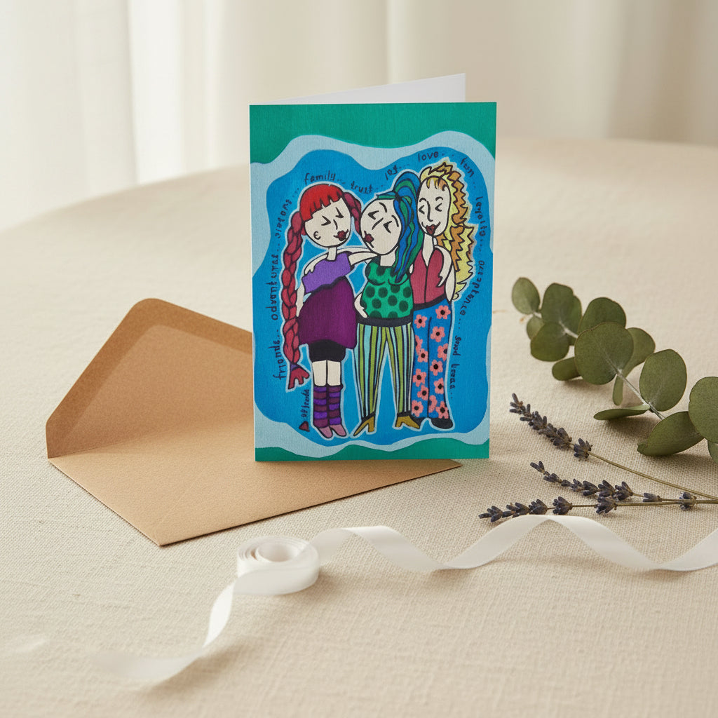 A greeting card with three girls and encouraging words around them.