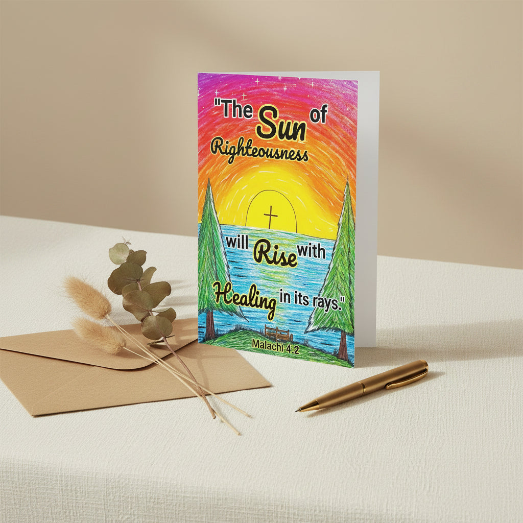 A greeting card with a sunrise design and text that says, "The sun of righteousness will rise with healing in its rays." -Malachi 4:2.