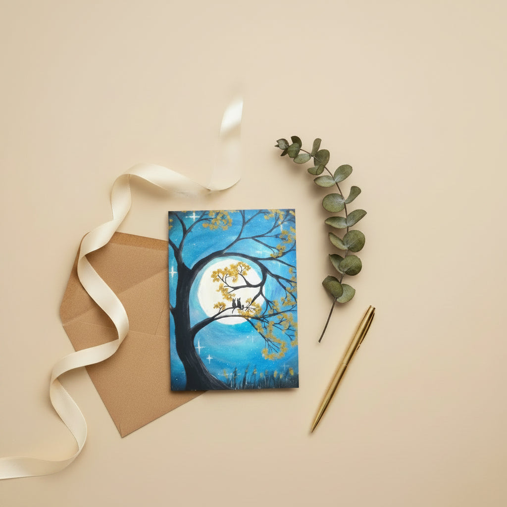 A greeting card with a full moon and two cats design.