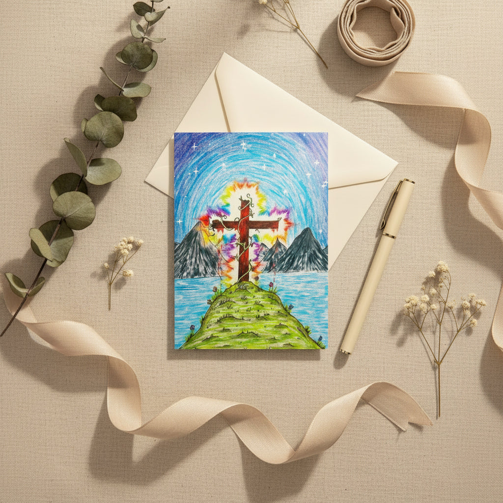 Colourful drawing of a cross on a mountain with a white envelope underneath, pinned to a string.