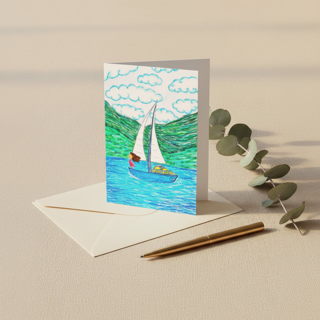 A rectangular greeting card, featuring a colourful illustration of a sailboat on blue water with green hills and white clouds. The left side of the card is plain white with the AllThingsGoode logo.