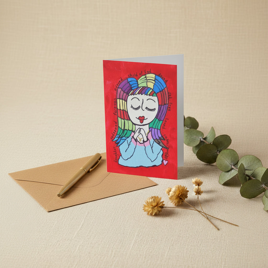 Child of God 5x7 greeting card with a rainbow haired girl with encouraging words around her – AllThingsGoode