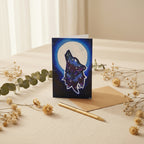 Galaxy Wolf 5x7 greeting card featuring a howling galaxy painted wolf with a full moon in the background – AllThingsGoode