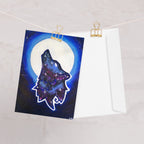 Galaxy Wolf 5x7 greeting card featuring a howling galaxy painted wolf with a full moon in the background – AllThingsGoode