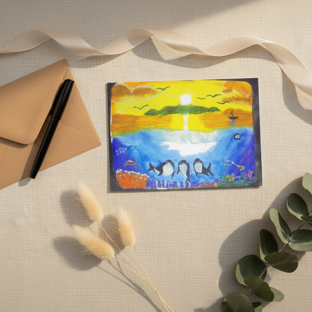 Dolfriends 5x7 greeting card featuring three dolphin friends in a colourful ocean with a sunset in the distance – AllThingsGoode