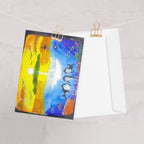 Dolfriends 5x7 greeting card featuring three dolphin friends in a colourful ocean with a sunset in the distance – AllThingsGoode