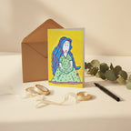 Mother 5x7 greeting card featuring a pregnant mother with blue hair and a yellow background – AllThingsGoode