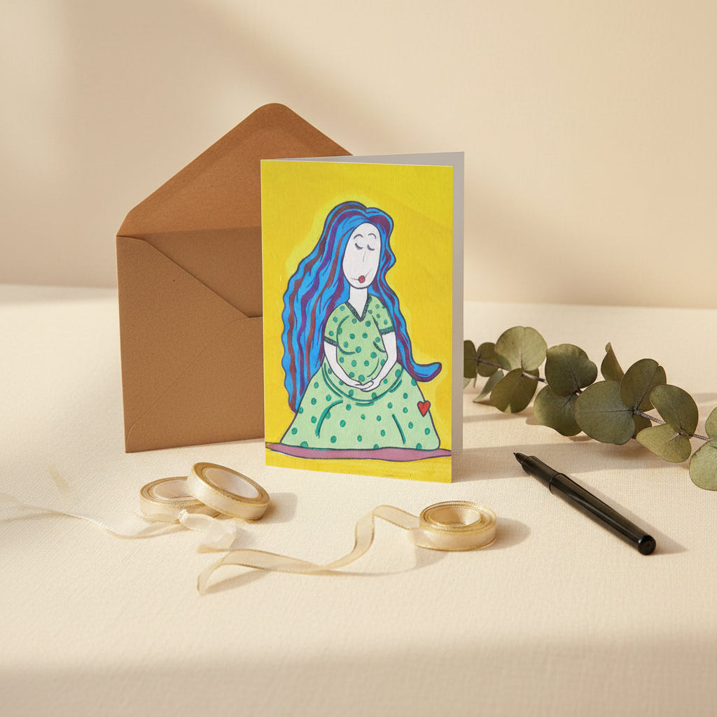 Mother 5x7 greeting card featuring a pregnant mother with blue hair and a yellow background – AllThingsGoode