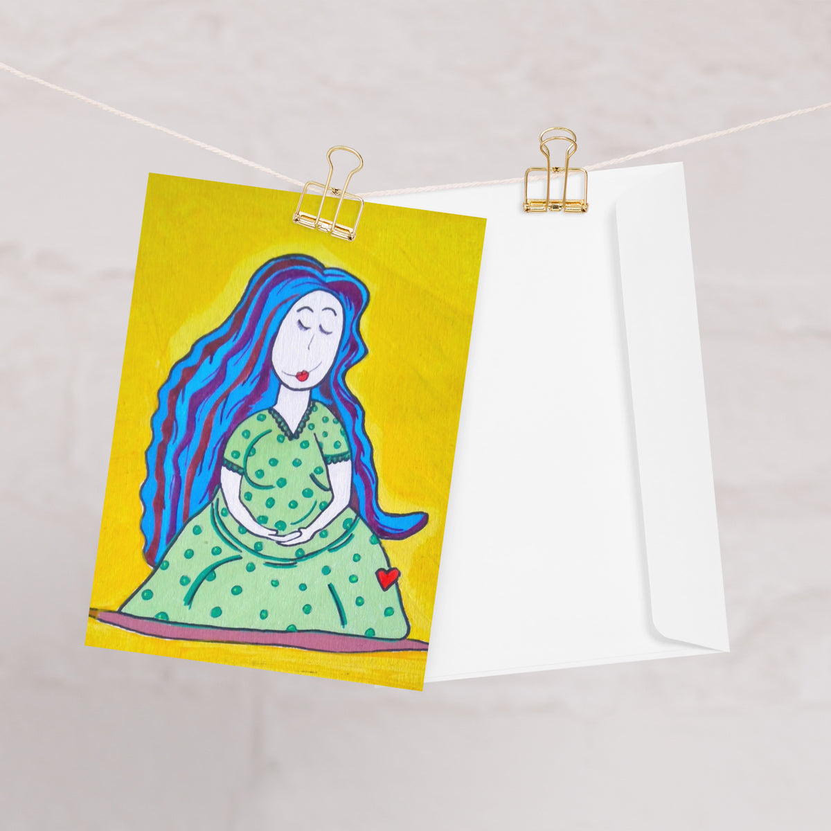 Mother 5x7 greeting card featuring a pregnant mother with blue hair and a yellow background – AllThingsGoode