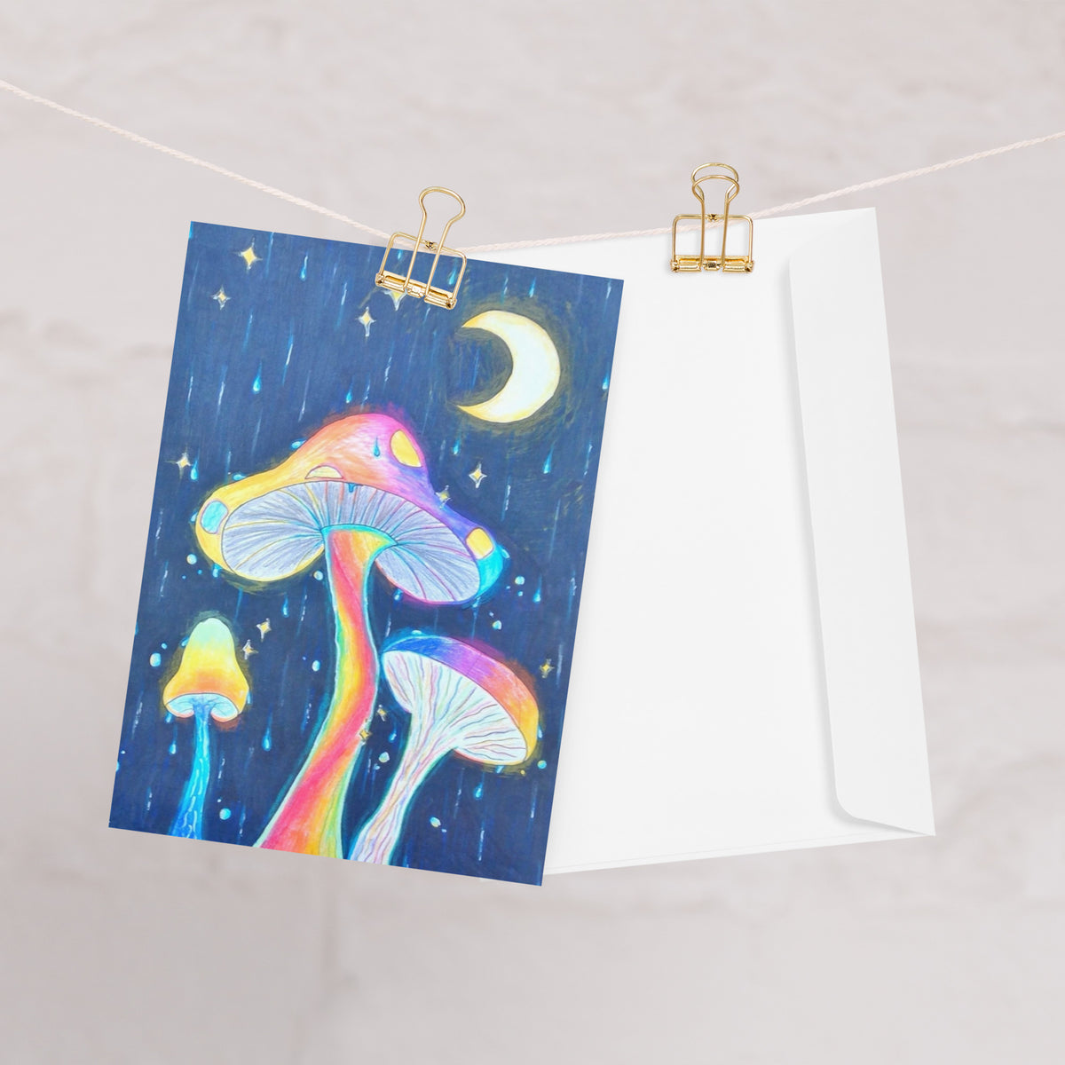 Glowing Mushrooms 5x7 greeting card featuring 3 glowing mushrooms with a rainy midnight background and moon – AllThingsGoode