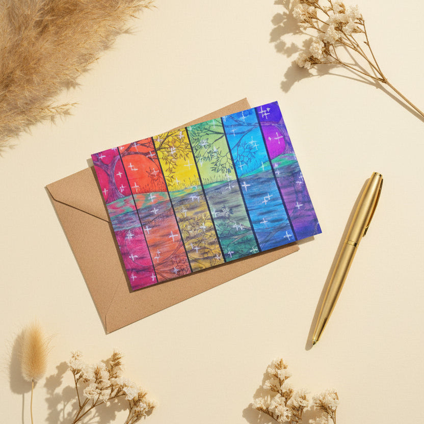 Rainbow Reflections 5x7 greeting card featuring the colours of the rainbow with trees and stars – AllThingsGoode