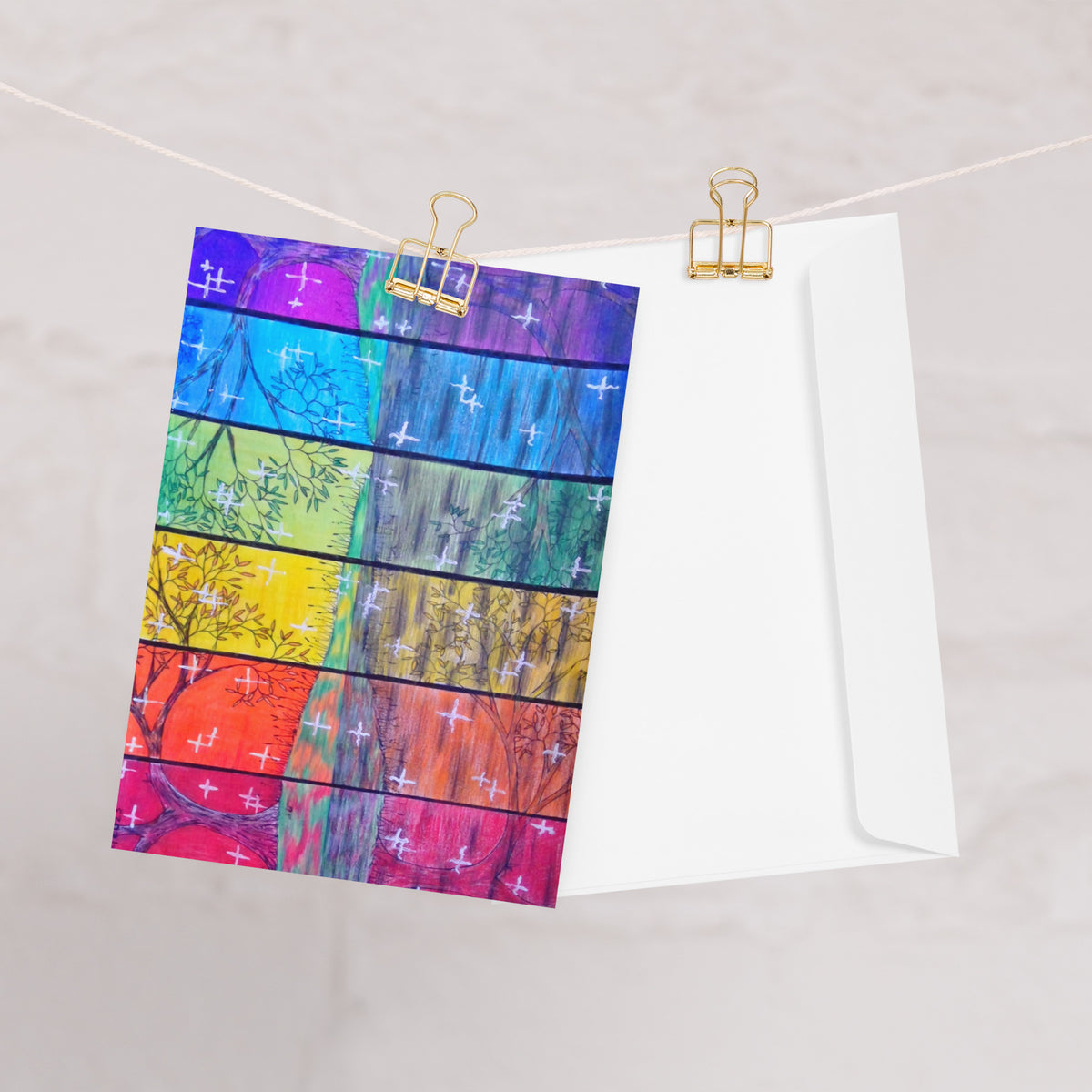 Rainbow Reflections 5x7 greeting card featuring the colours of the rainbow with trees and stars – AllThingsGoode