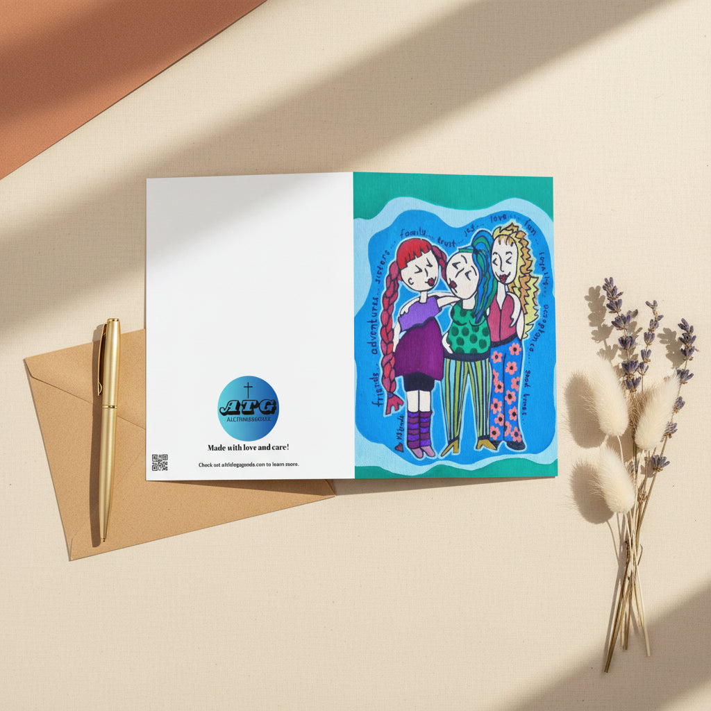 A greeting card with a design of three girls with encouraging words around them.
