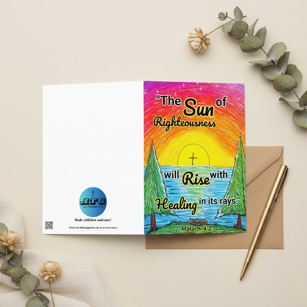 A greeting card with a sunrise design and text that says, "The sun of righteousness will rise with healing in its rays." -Malachi 4:2.