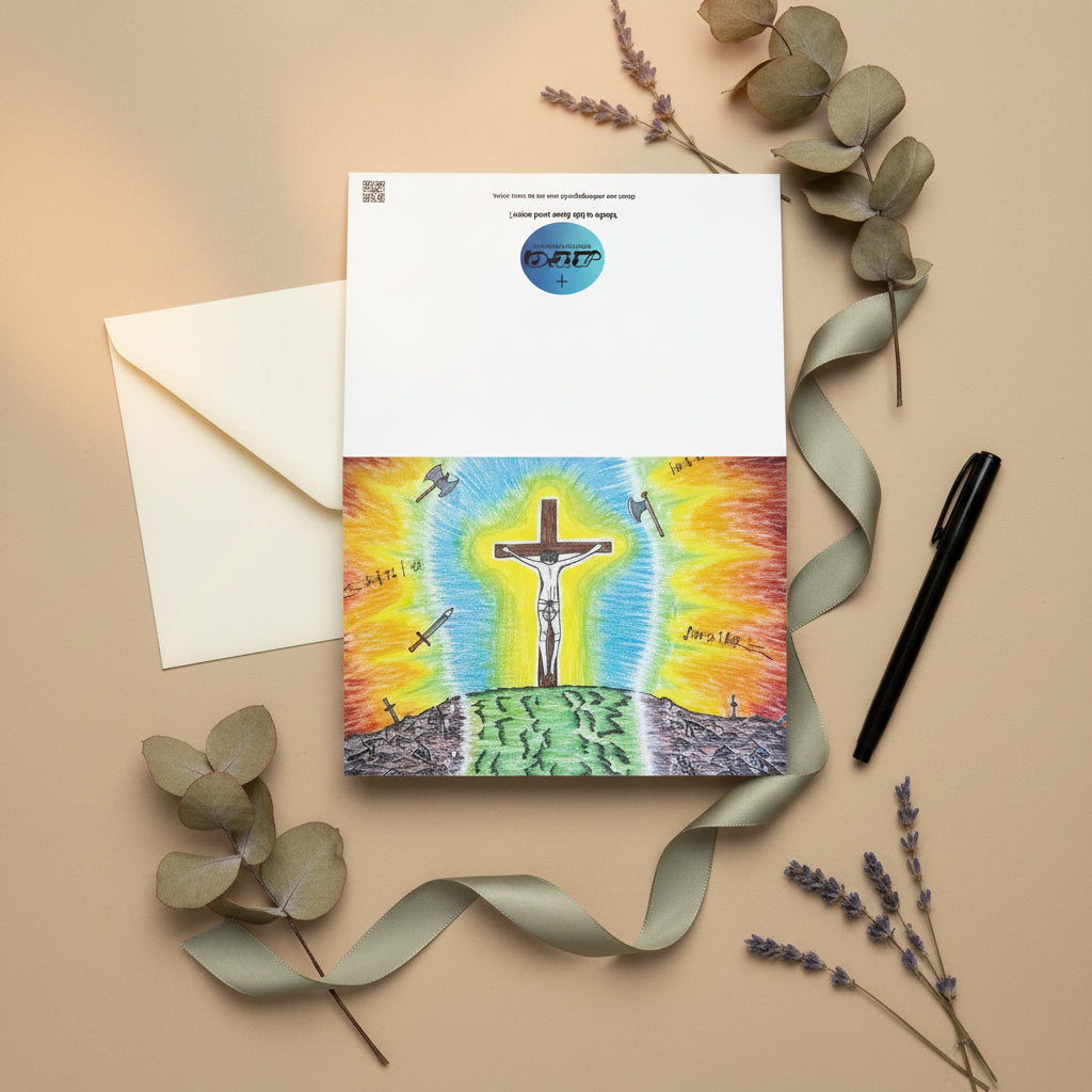 A white rectangular greeting card featuring a colourful illustration of Jesus' sacrifice with a radiant blue, yellow, and orange glow.