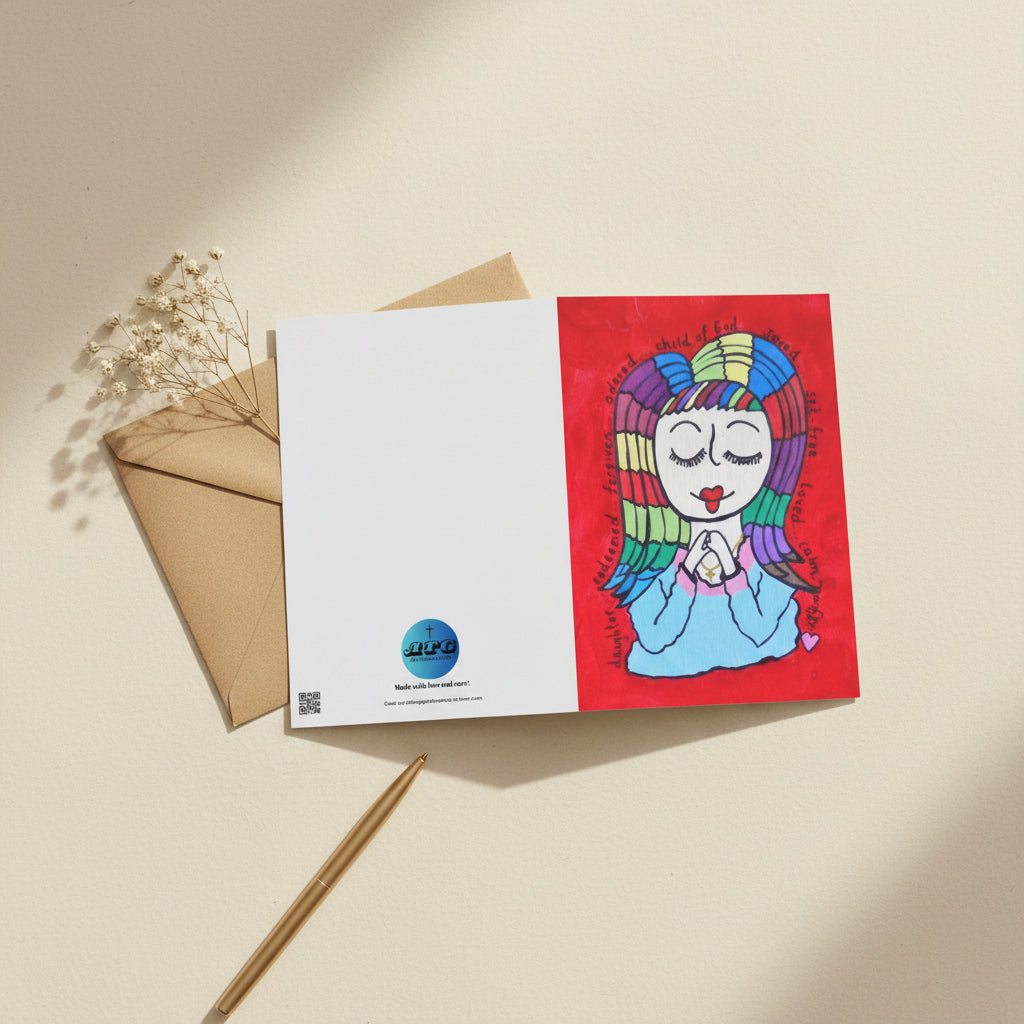 Child of God 5x7 greeting card with a rainbow haired girl with encouraging words around her – AllThingsGoode