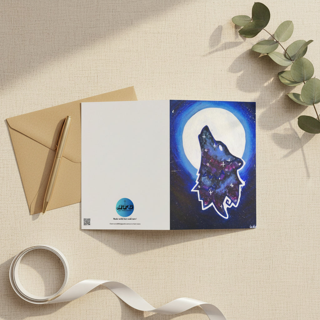 Galaxy Wolf 5x7 greeting card featuring a howling galaxy painted wolf with a full moon in the background – AllThingsGoode