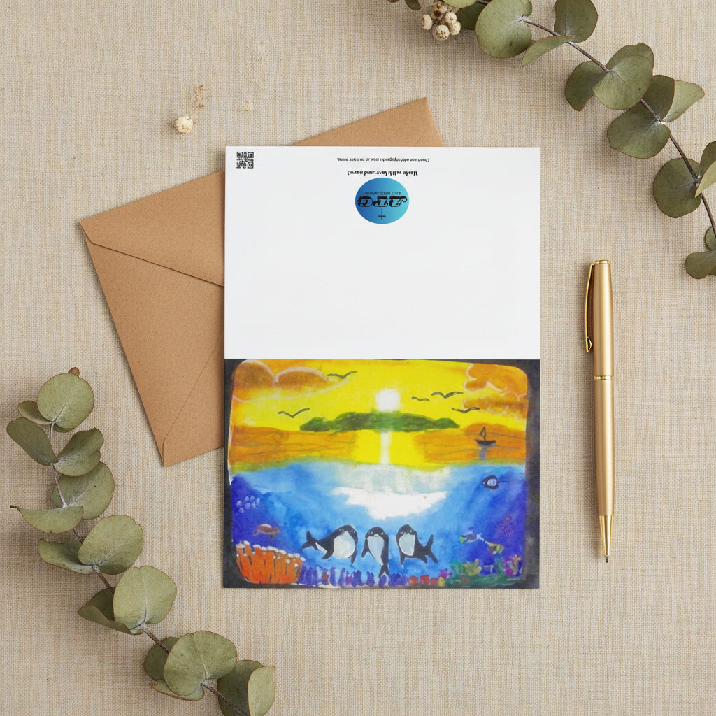 Dolfriends 5x7 greeting card featuring three dolphin friends in a colourful ocean with a sunset in the distance – AllThingsGoode