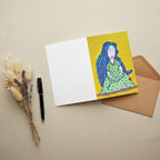 Mother 5x7 greeting card featuring a pregnant mother with blue hair and a yellow background – AllThingsGoode
