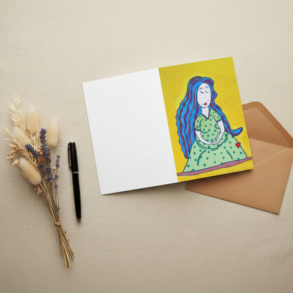 Mother 5x7 greeting card featuring a pregnant mother with blue hair and a yellow background – AllThingsGoode