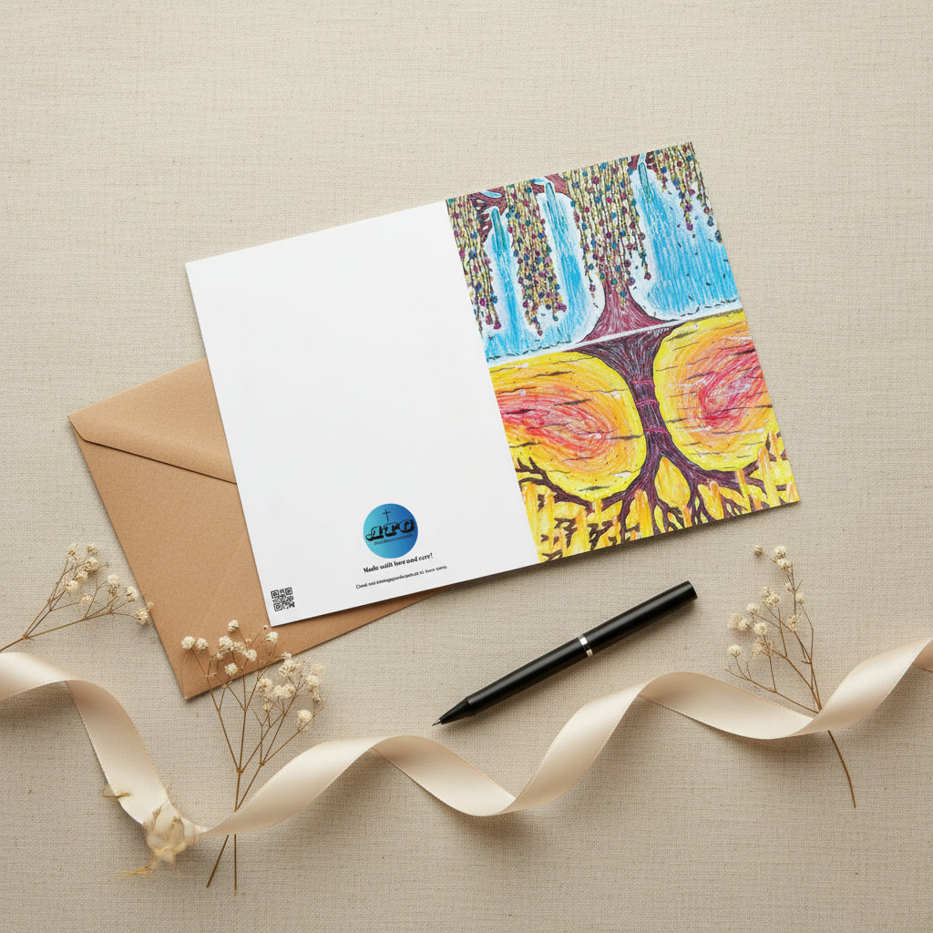 Life Over Death 5x7 greeting card featuring the tree of life and the tree of the knowledge of good and evil – AllThingsGoode