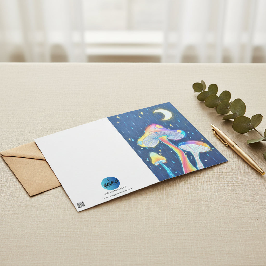 Glowing Mushrooms 5x7 greeting card featuring 3 glowing mushrooms with a rainy midnight background and moon – AllThingsGoode