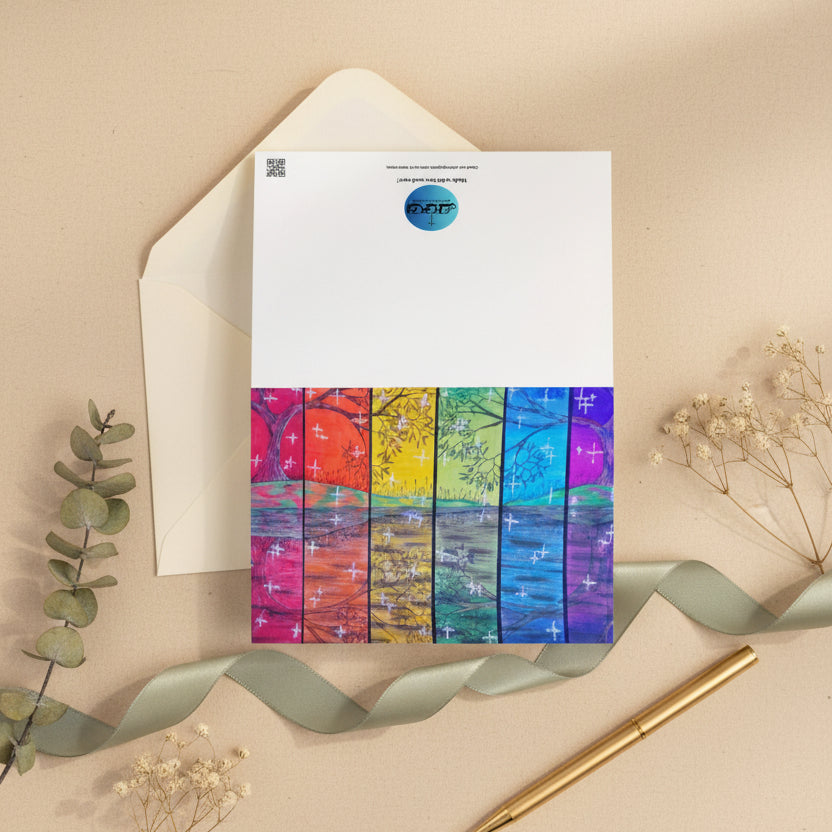 Rainbow Reflections 5x7 greeting card featuring the colours of the rainbow with trees and stars – AllThingsGoode