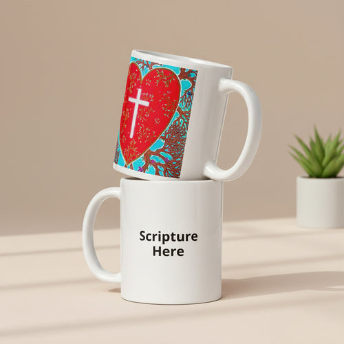 Rooted In Love 11oz white personalised mug featuring a red heart with a cross inside of it and roots coming out of the heart – AllThingsGoode