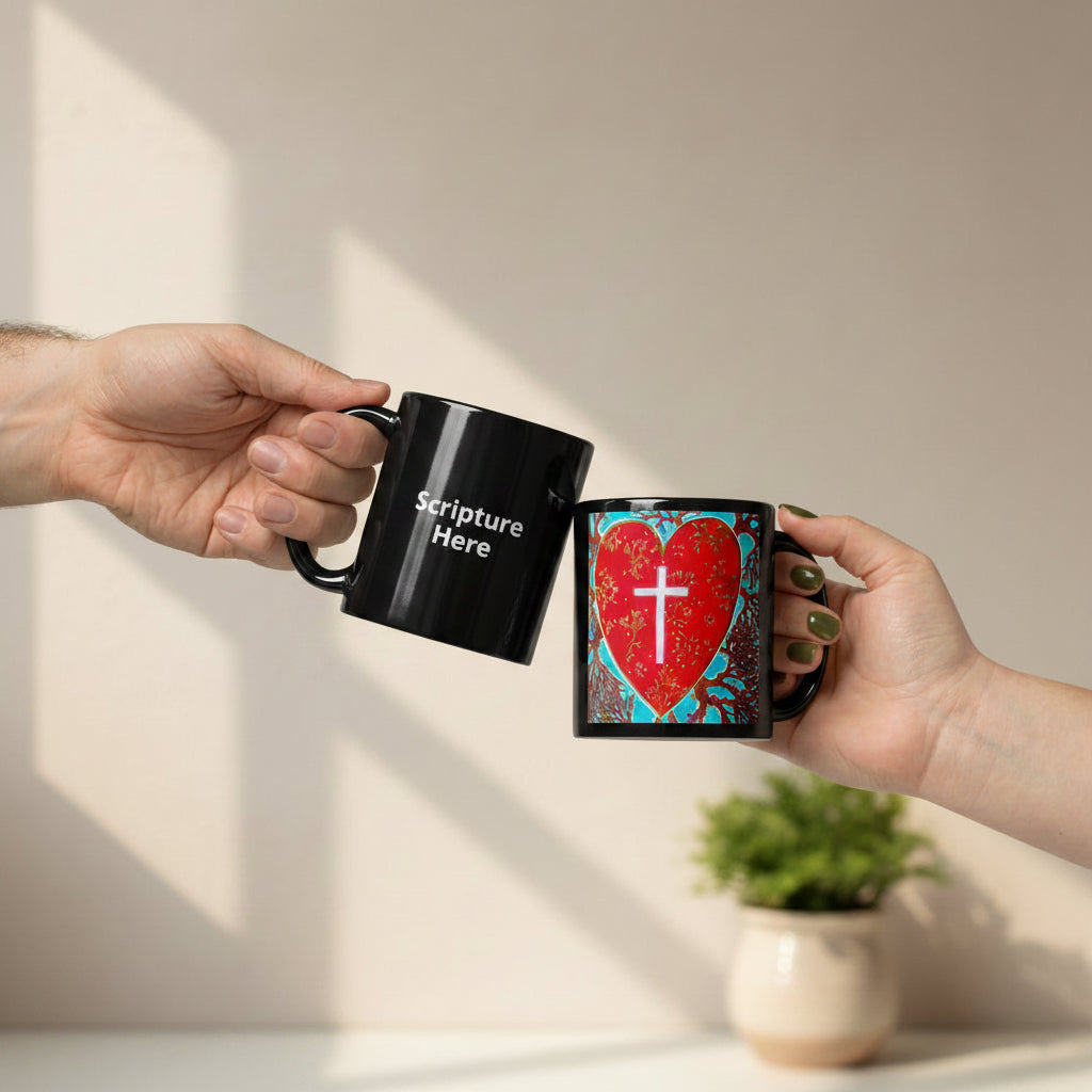 Two hands holding mugs with personalized designs on a neutral background