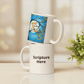 Two white mugs with one featuring a blue design and the other with 'Scripture Here' text.