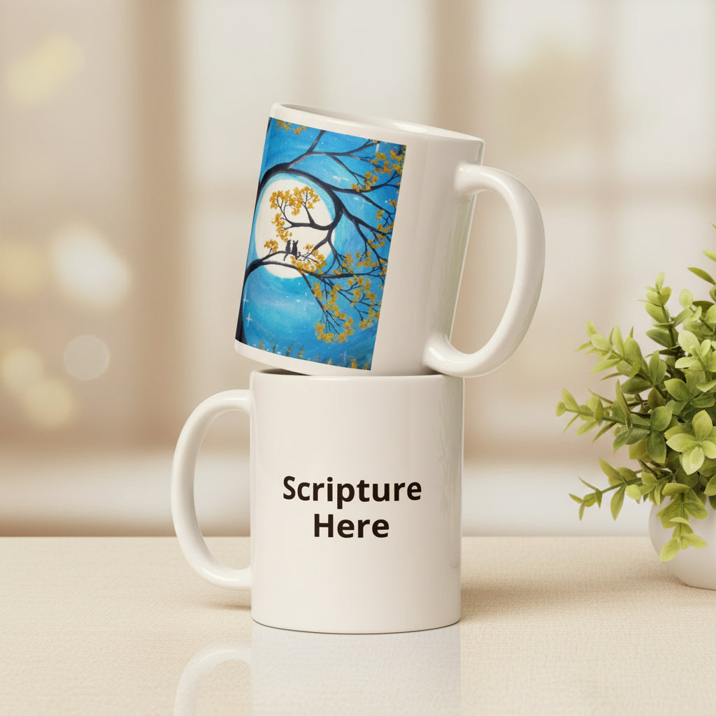 Two white mugs with one featuring a blue design and the other with 'Scripture Here' text.