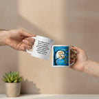 Two hands holding white mugs with customizable text and images on a white background