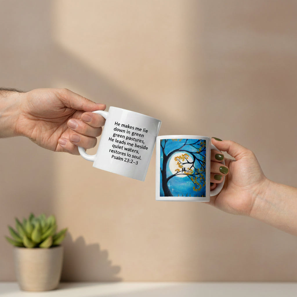 Two hands holding white mugs with customizable text and images on a white background