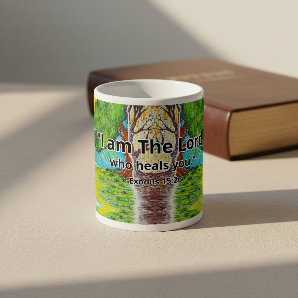 Mug with a tree design and text 'I am The Lord who heals you' from Exodus 15:26 on a white background
