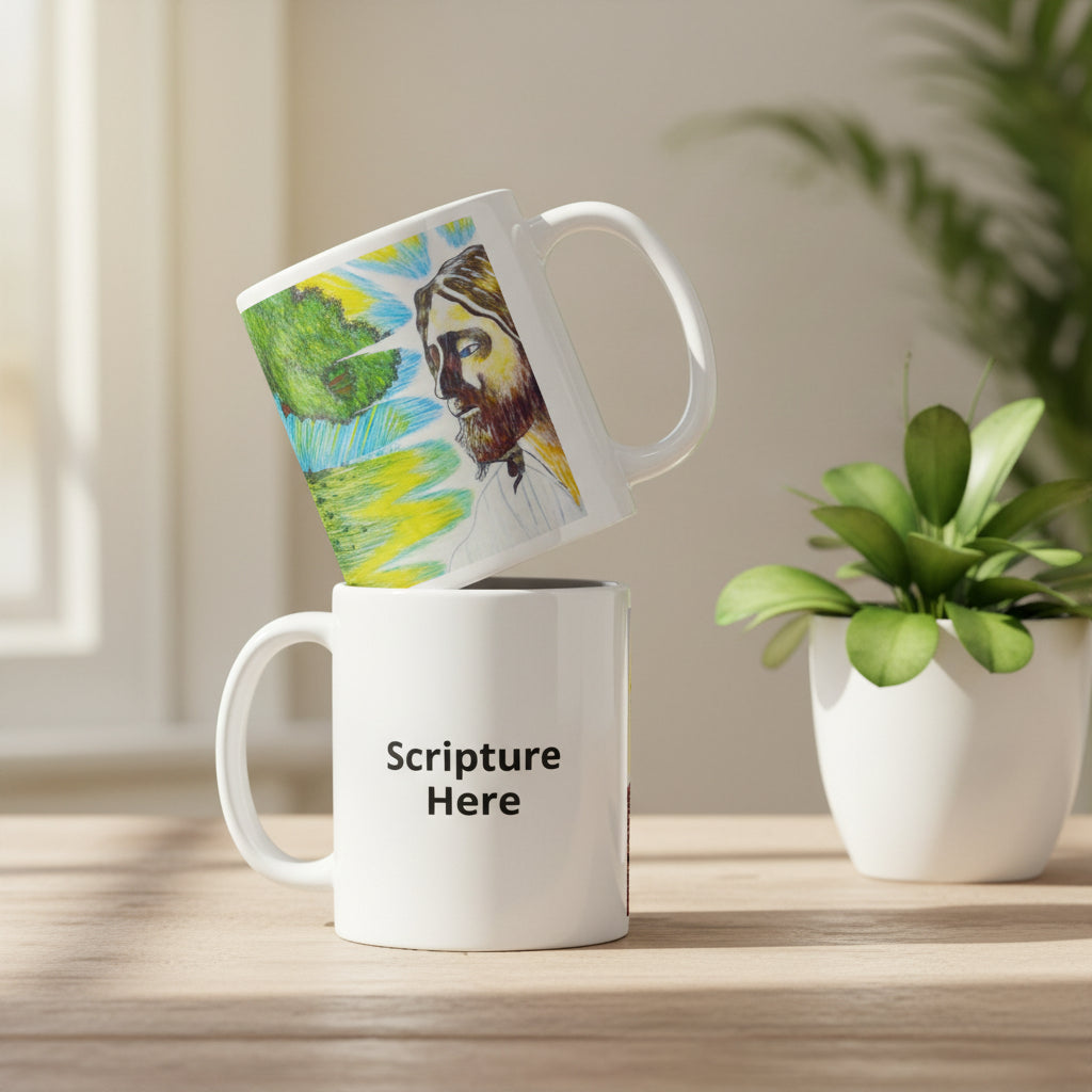 Two white mugs with one featuring a colorful design and the other with 'Scripture Here' text.