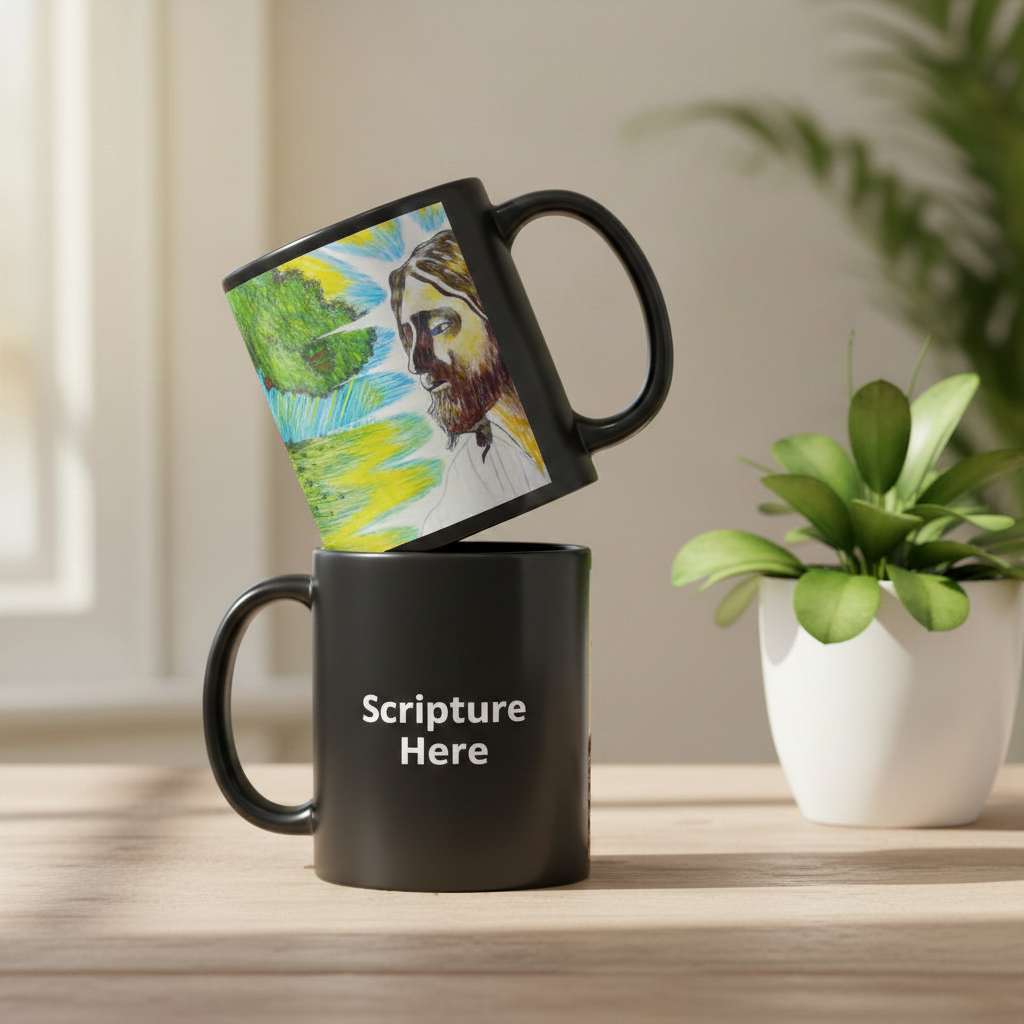 Jesus' Healing Presence 11oz black personalised mug featuring Jesus' presence healing a tree that's on fire – AllThingsGoode