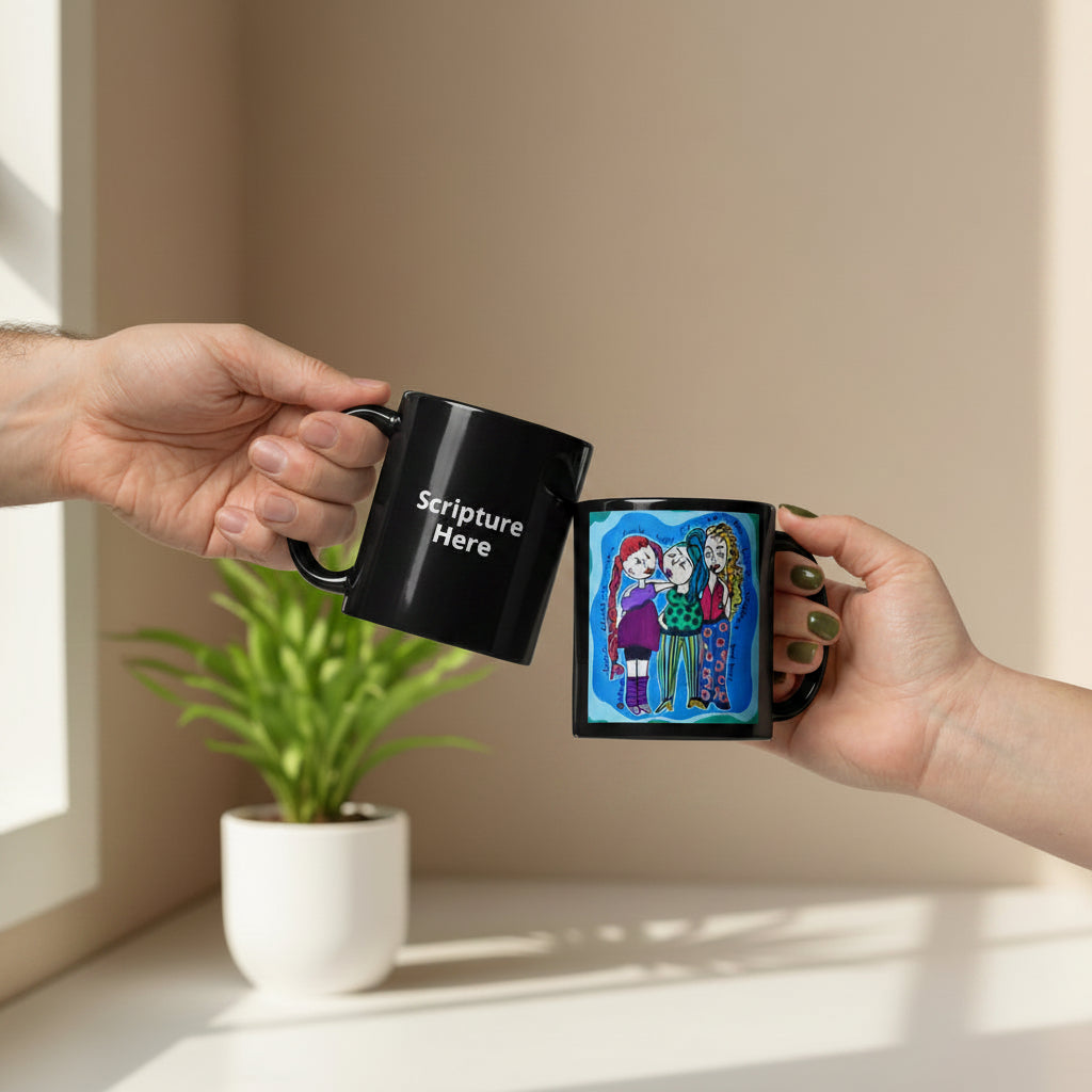 Two hands holding white square ceramic mugs against a plain white background. The mug on the left is plain white with the black text 'Scripture Here,' and the mug on the right has a colorful illustration of two children on a blue background.