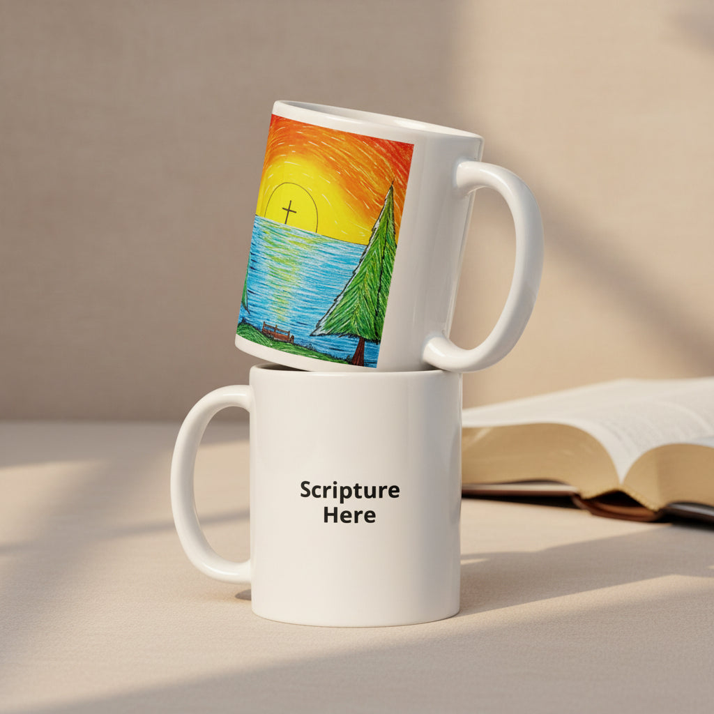 Two stacked white ceramic mugs on a tabletop. The top mug features a colorful hand-drawn sunset and sailboat illustration, while the bottom mug has the text 'Scripture Here' printed in black.