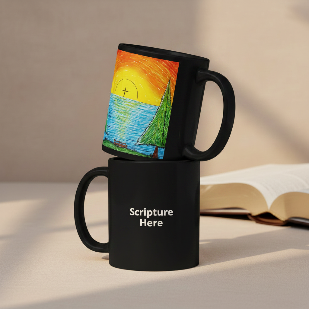 Two black ceramic mugs stacked on a beige fabric surface, with a colorful sunrise lake scene printed on the top mug and the phrase 'Scripture Here' printed in white on the bottom mug. A brown book is partially visible at the right edge.