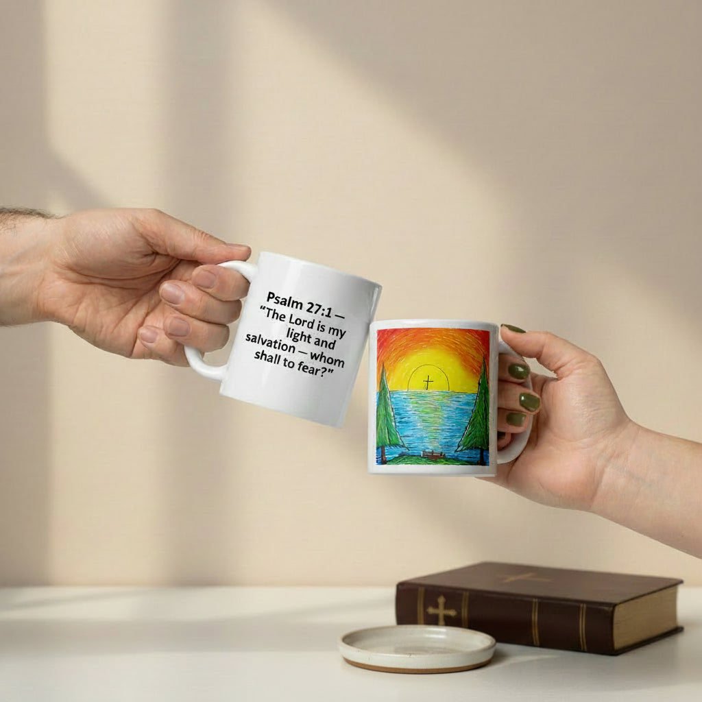 Two hands holding white ceramic mugs with crossed handles in front of a beige background. The left mug is plain white with the text 'Scripture Here', and the right mug features a colorful illustration of a sunset over water with a cross in the center.