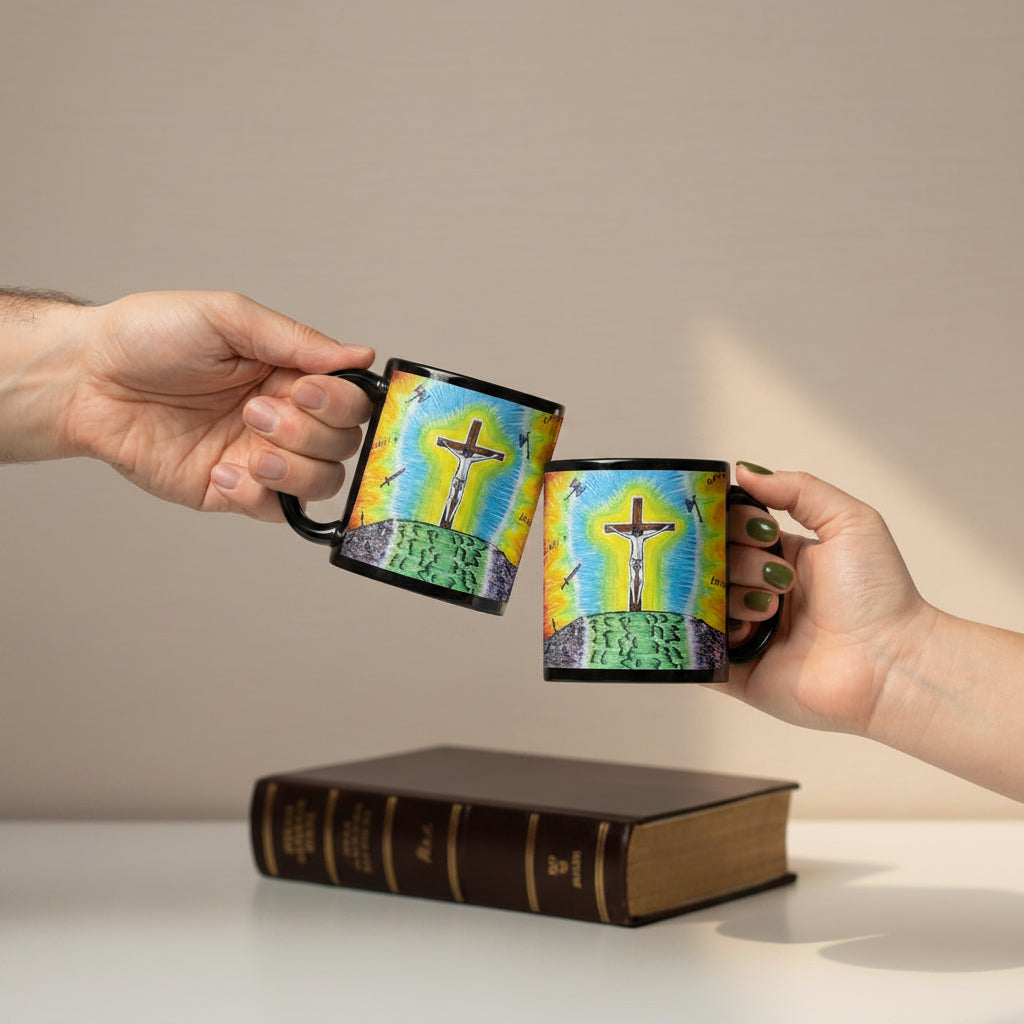 Two hands holding white ceramic mugs with a colorful printed design of a cross on a glowing yellow and blue background, set against a plain white studio backdrop.