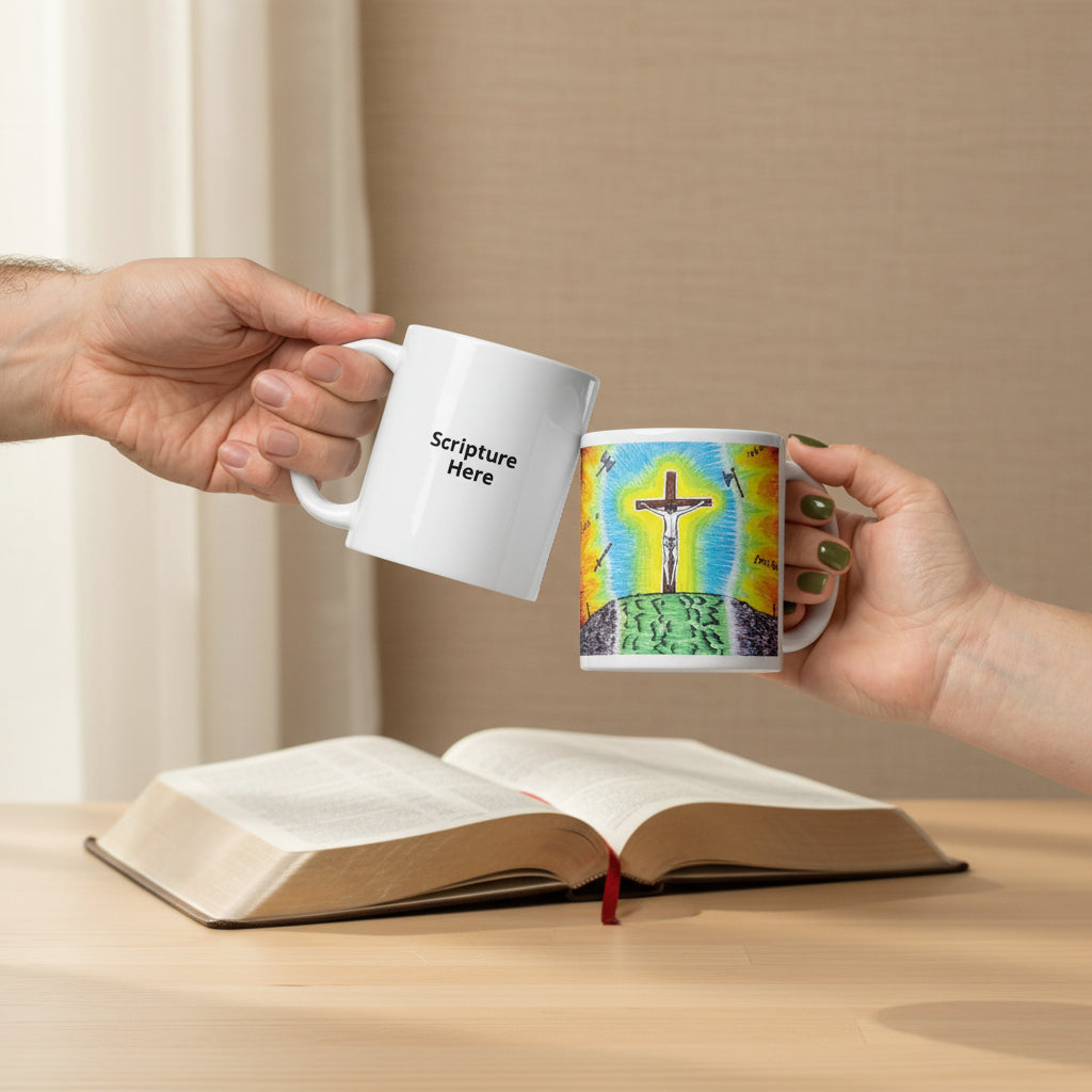 Two hands holding white ceramic mugs against a plain white background. The left mug is plain white with the text 'Scripture Here' printed in black.