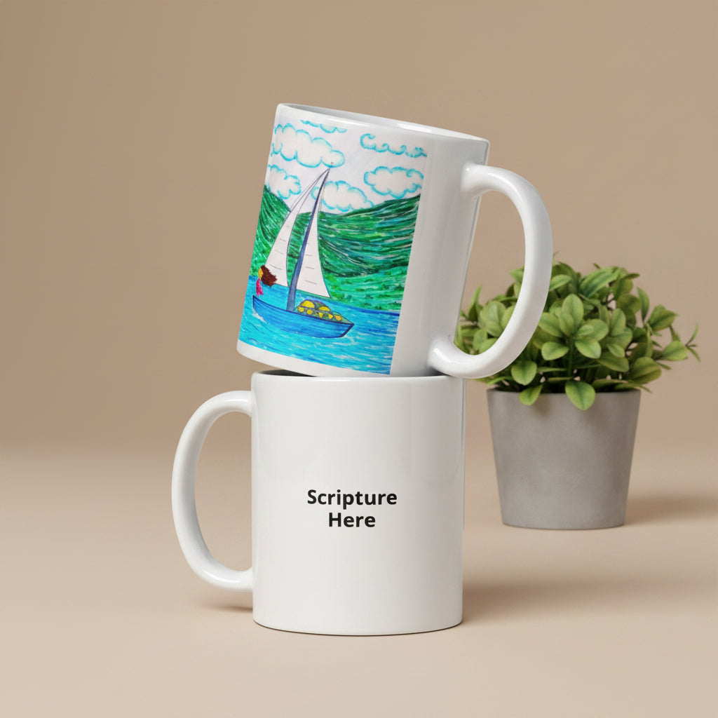 Two white ceramic mugs stacked on a white background. The top mug is tilted to show a colourful illustration of a sailboat on blue water with green hills and clouds.