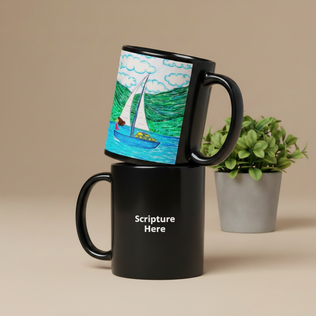 Two black ceramic mugs stacked on a beige studio background, with a small potted green plant behind them. The top mug shows a colourful sailboat illustration, and the bottom mug has the white text 'Scripture Here'.